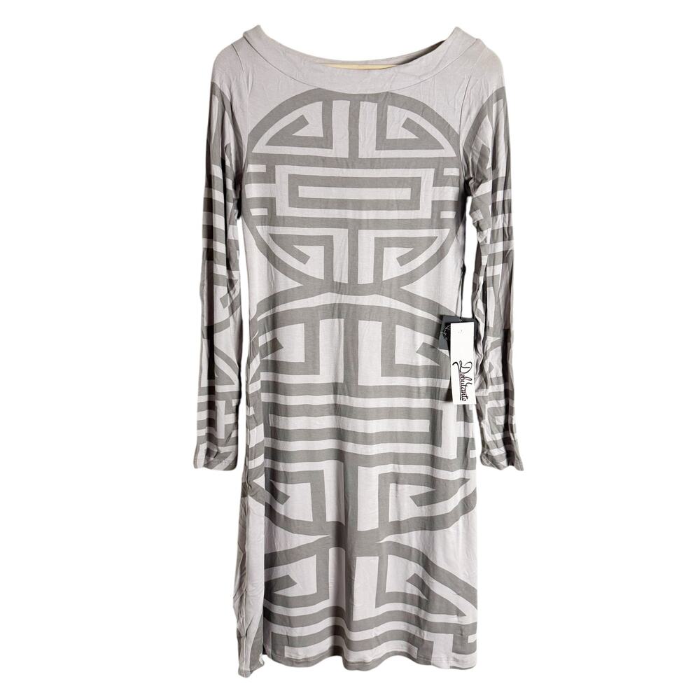 Fortune Gray Bateau Neck Long Sleeve Geometric Oriental Print Shift Dress Size L